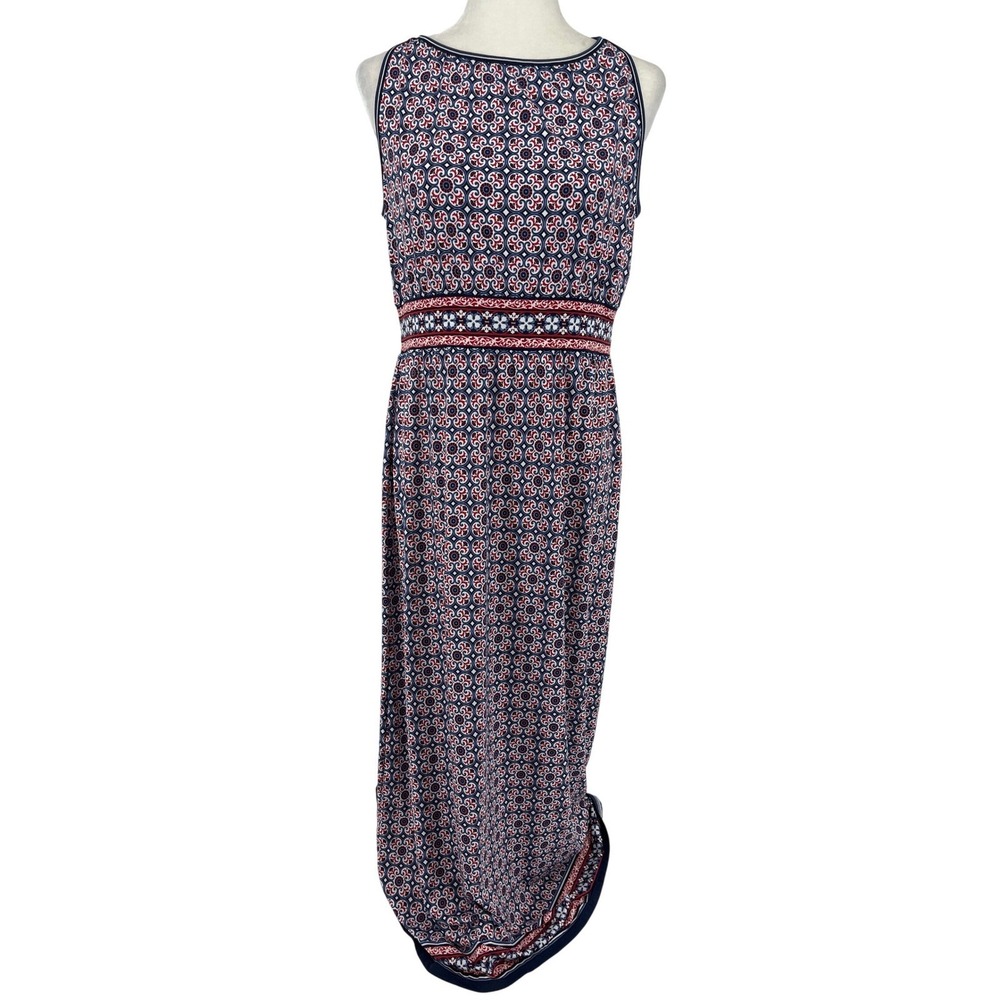Max Studio Maxi Dress Womens L Navy Red Geometric Medallion Excellent Sleeveless